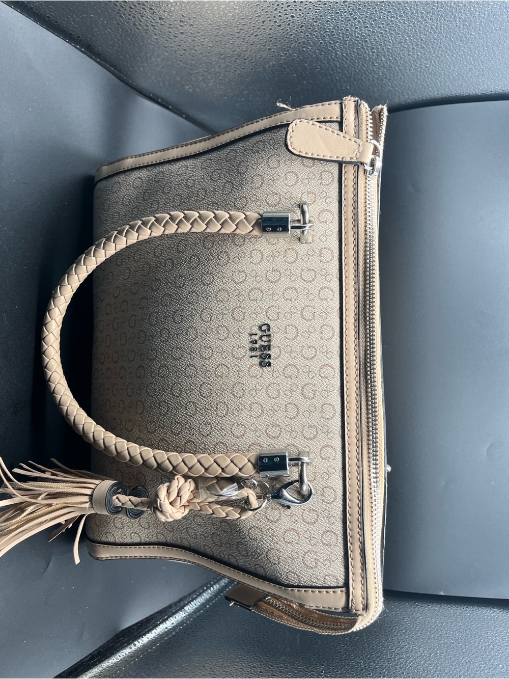 GUESS Beige Logo Satchel with Braided Handles and Tassel - Picture 2 of 11